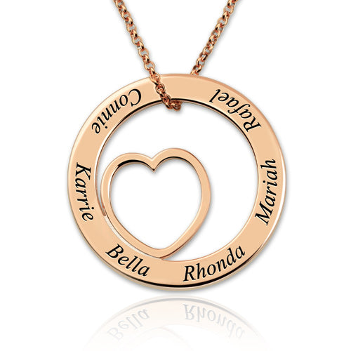 Engraved Circle Heart Name Necklace In Rose Gold Plated Sterling Silver for Mom