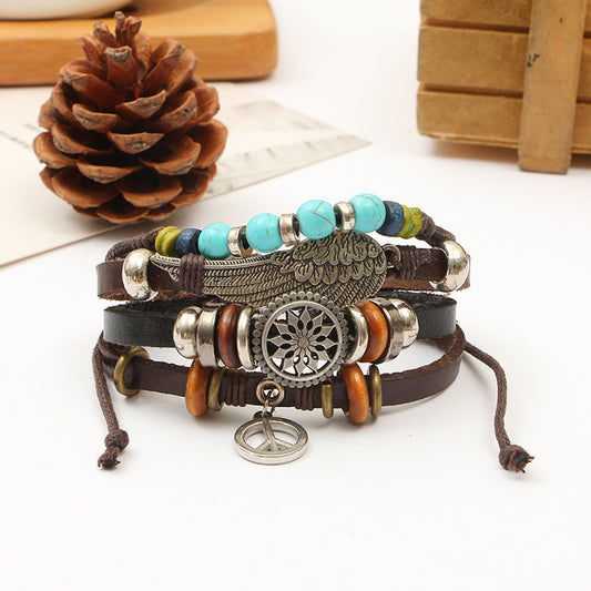"Bohemian Rhapsody: Ethnic-Style Leather Layered Bracelet with Turquoise Accents"