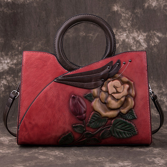 "Floral Elegance Leather Handbag"